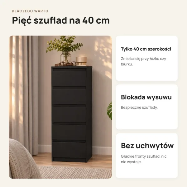 Wąska komoda 40 cm z 5 szufladami, 111 cm – Czarny