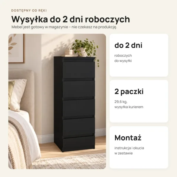 Wąska komoda 40 cm z 5 szufladami, 111 cm – Czarny