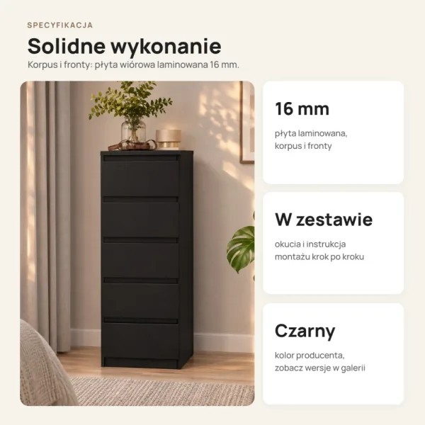 Wąska komoda 40 cm z 5 szufladami, 111 cm – Czarny
