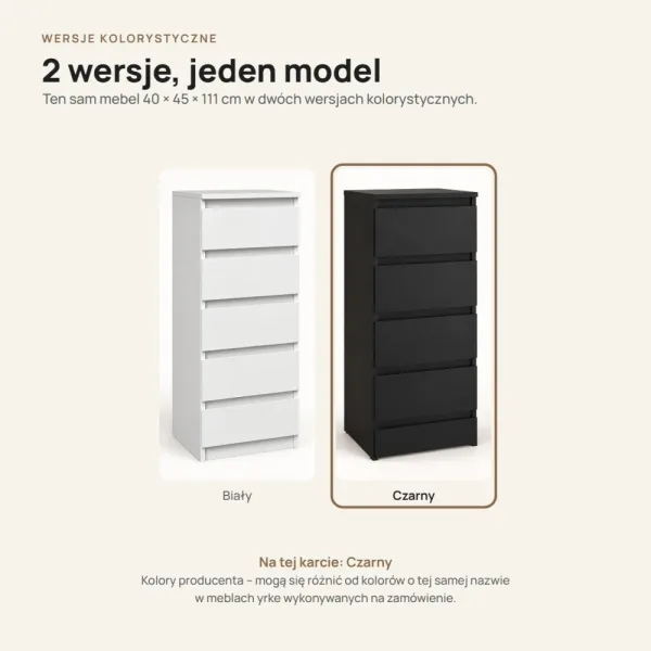 Wąska komoda 40 cm z 5 szufladami, 111 cm – Czarny