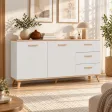 Komoda 150 cm z 2 szafkami i 3 szufladami na drewnianych nóżkach – Biały / Dąb Artisan