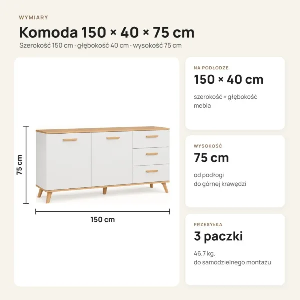 Komoda 150 cm z 2 szafkami i 3 szufladami na drewnianych nóżkach – Biały / Dąb Artisan