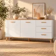 Komoda 150 cm z 2 szafkami i 3 szufladami na drewnianych nóżkach – Biały / Dąb Artisan