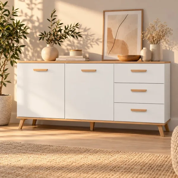 Komoda 150 cm z 2 szafkami i 3 szufladami na drewnianych nóżkach – Biały / Dąb Artisan