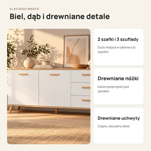 Komoda 150 cm z 2 szafkami i 3 szufladami na drewnianych nóżkach – Biały / Dąb Artisan