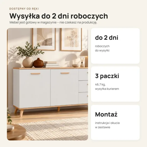 Komoda 150 cm z 2 szafkami i 3 szufladami na drewnianych nóżkach – Biały / Dąb Artisan