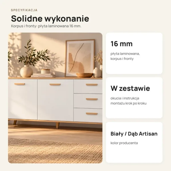 Komoda 150 cm z 2 szafkami i 3 szufladami na drewnianych nóżkach – Biały / Dąb Artisan