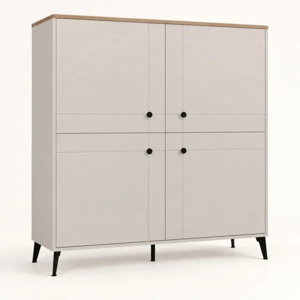 Komoda wysoka 123,5 cm z 4 drzwiczkami MDF i 8 półkami na metalowych nogach – Kaszmir / Dąb Castello
