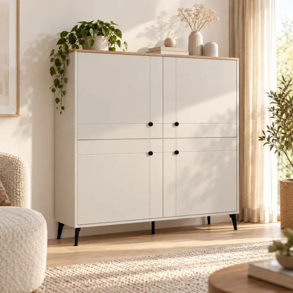Komoda wysoka 123,5 cm z 4 drzwiczkami MDF i 8 półkami na metalowych nogach – Kaszmir / Dąb Castello