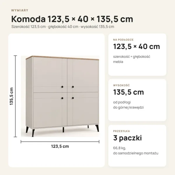 Komoda wysoka 123,5 cm z 4 drzwiczkami MDF i 8 półkami na metalowych nogach – Kaszmir / Dąb Castello