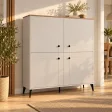 Komoda wysoka 123,5 cm z 4 drzwiczkami MDF i 8 półkami na metalowych nogach – Kaszmir / Dąb Castello