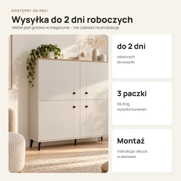 Komoda wysoka 123,5 cm z 4 drzwiczkami MDF i 8 półkami na metalowych nogach – Kaszmir / Dąb Castello