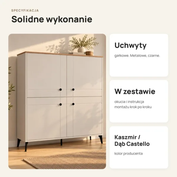Komoda wysoka 123,5 cm z 4 drzwiczkami MDF i 8 półkami na metalowych nogach – Kaszmir / Dąb Castello