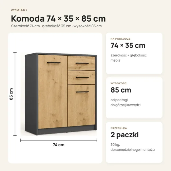 Komoda 74 cm z 2 drzwiczkami i 2 szufladami – Antracyt / Dąb Artisan