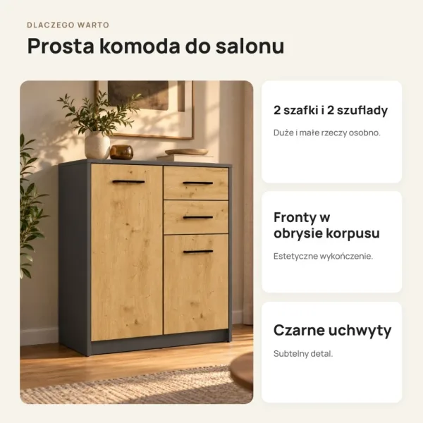 Komoda 74 cm z 2 drzwiczkami i 2 szufladami – Antracyt / Dąb Artisan