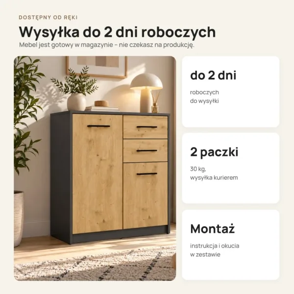 Komoda 74 cm z 2 drzwiczkami i 2 szufladami – Antracyt / Dąb Artisan