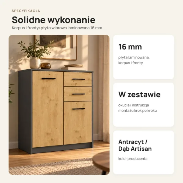 Komoda 74 cm z 2 drzwiczkami i 2 szufladami – Antracyt / Dąb Artisan