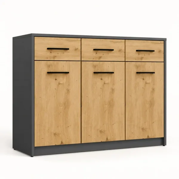 Komoda 109 cm z 3 drzwiczkami i 3 szufladami – Antracyt / Dąb Artisan