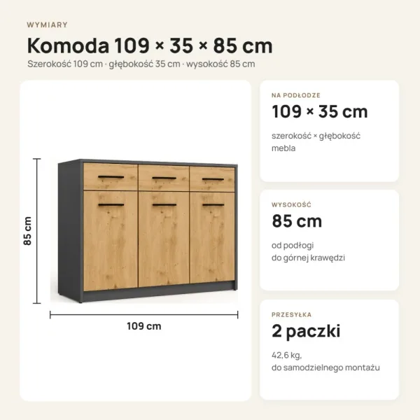 Komoda 109 cm z 3 drzwiczkami i 3 szufladami – Antracyt / Dąb Artisan