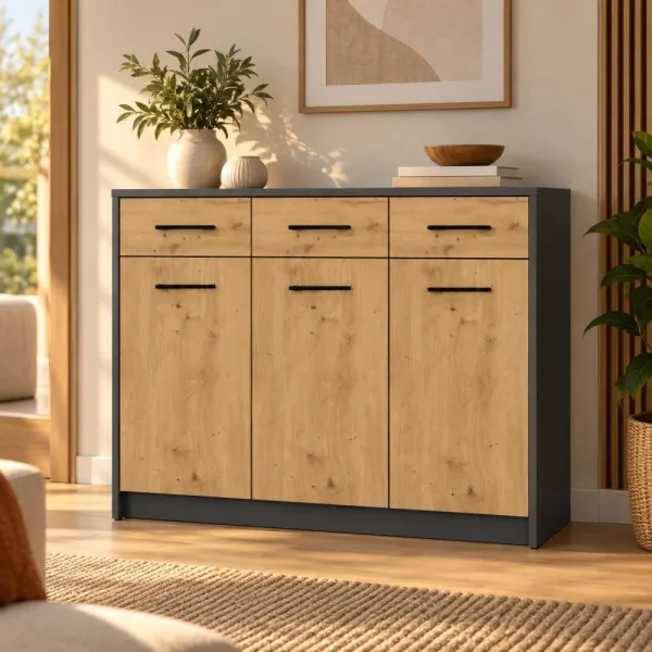 Komoda 109 cm z 3 drzwiczkami i 3 szufladami – Antracyt / Dąb Artisan