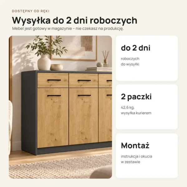 Komoda 109 cm z 3 drzwiczkami i 3 szufladami – Antracyt / Dąb Artisan