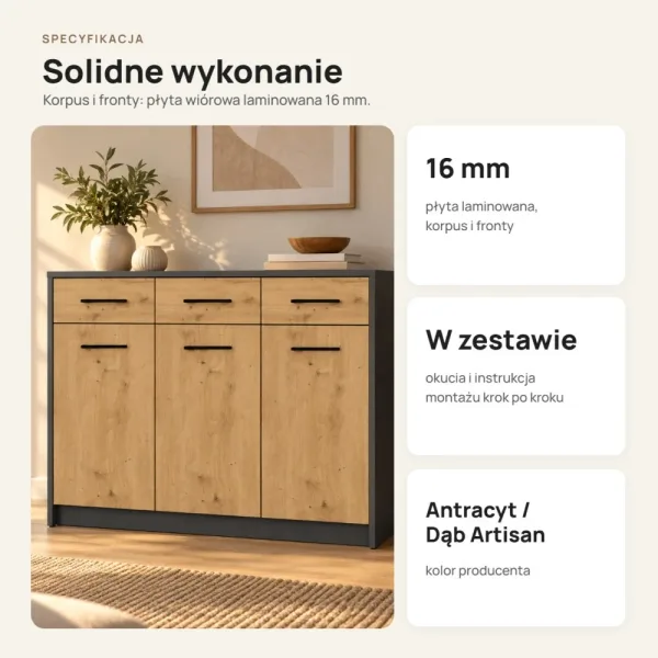 Komoda 109 cm z 3 drzwiczkami i 3 szufladami – Antracyt / Dąb Artisan