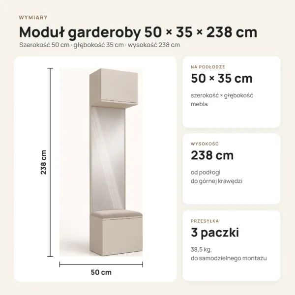 Moduł garderoby 50 cm z siedziskiem, szafką na buty i lustrem, 238 cm – Kaszmir