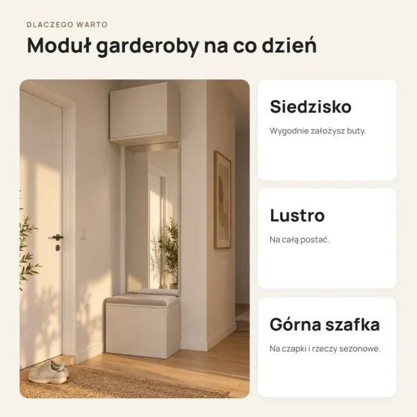 Moduł garderoby 50 cm z siedziskiem, szafką na buty i lustrem, 238 cm – Kaszmir