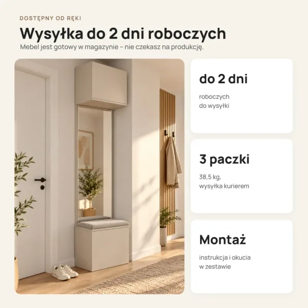 Moduł garderoby 50 cm z siedziskiem, szafką na buty i lustrem, 238 cm – Kaszmir