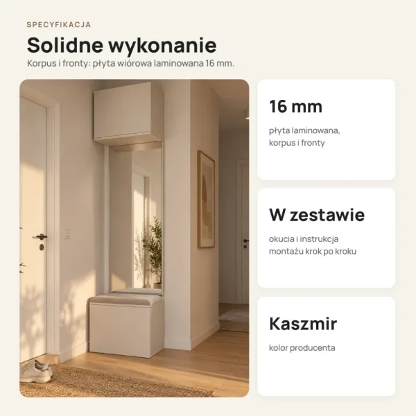 Moduł garderoby 50 cm z siedziskiem, szafką na buty i lustrem, 238 cm – Kaszmir