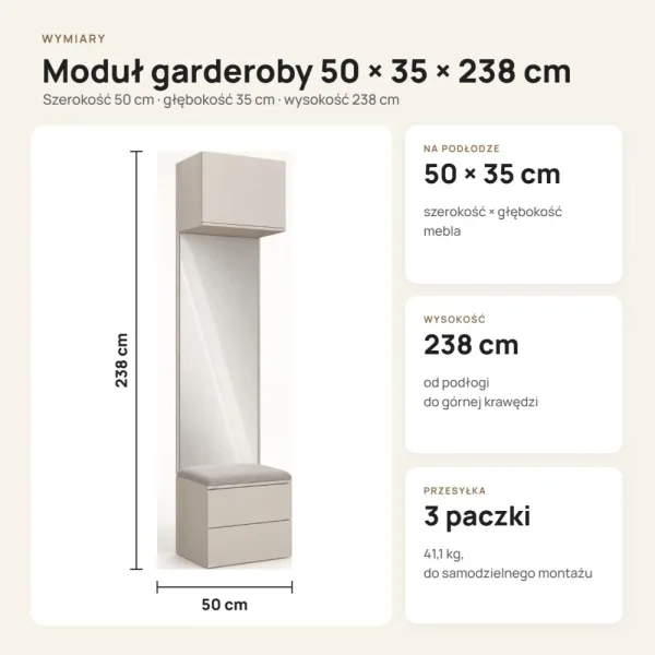 Moduł garderoby 50 cm z tapicerowanym siedziskiem, 2 szufladami i lustrem, 238 cm – Kaszmir