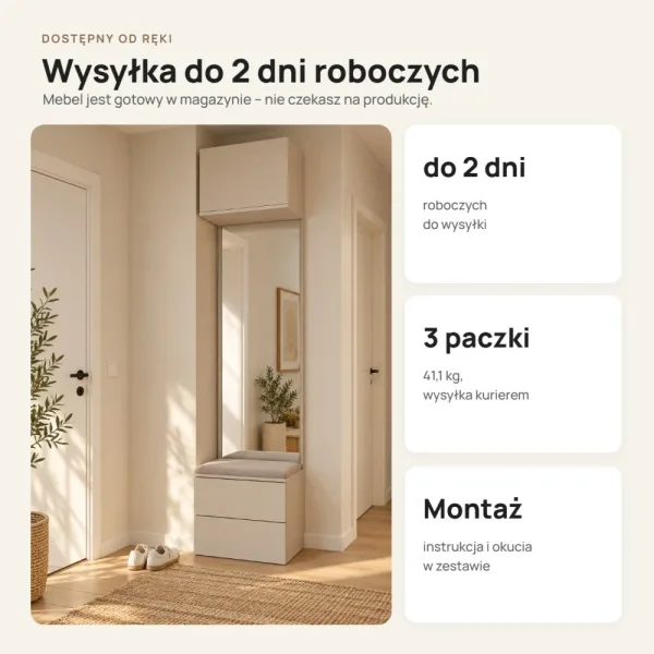 Moduł garderoby 50 cm z tapicerowanym siedziskiem, 2 szufladami i lustrem, 238 cm – Kaszmir