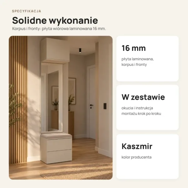 Moduł garderoby 50 cm z tapicerowanym siedziskiem, 2 szufladami i lustrem, 238 cm – Kaszmir