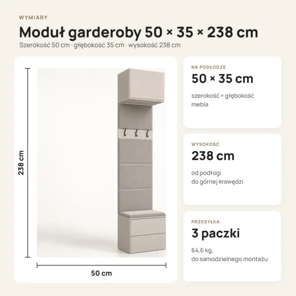 Moduł garderoby 50 cm z tapicerowanym panelem, wieszakami i 2 szufladami, 238 cm – Kaszmir