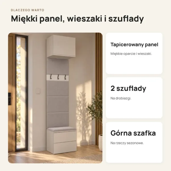 Moduł garderoby 50 cm z tapicerowanym panelem, wieszakami i 2 szufladami, 238 cm – Kaszmir