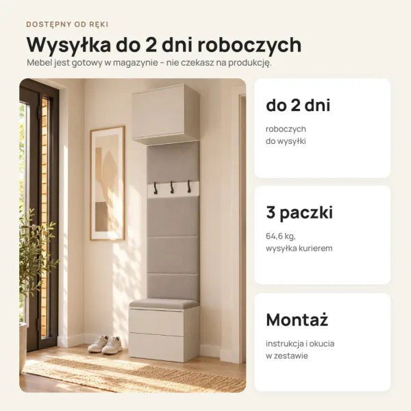 Moduł garderoby 50 cm z tapicerowanym panelem, wieszakami i 2 szufladami, 238 cm – Kaszmir