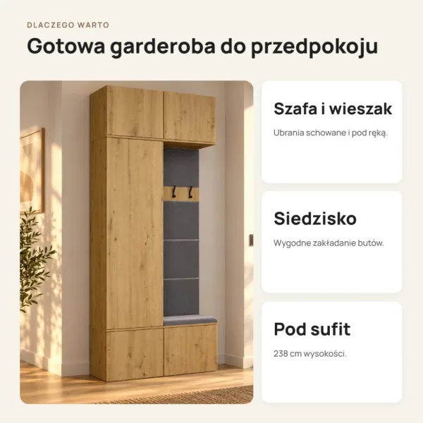 Garderoba do przedpokoju 100 cm: szafa + wieszak z siedziskiem, 238 cm – Dąb Artisan