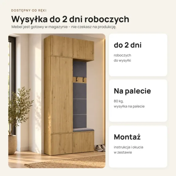 Garderoba do przedpokoju 100 cm: szafa + wieszak z siedziskiem, 238 cm – Dąb Artisan