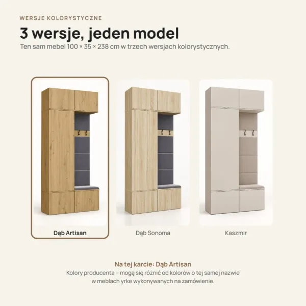Garderoba do przedpokoju 100 cm: szafa + wieszak z siedziskiem, 238 cm – Dąb Artisan