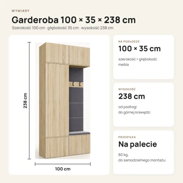 Garderoba do przedpokoju 100 cm: szafa + wieszak z siedziskiem, 238 cm – Dąb Sonoma