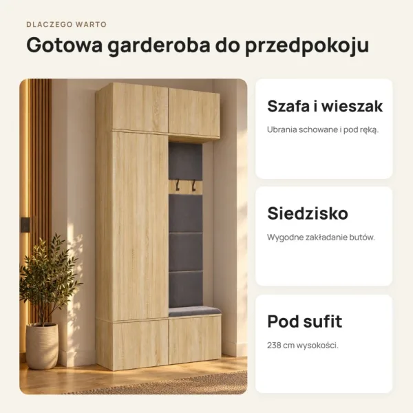 Garderoba do przedpokoju 100 cm: szafa + wieszak z siedziskiem, 238 cm – Dąb Sonoma