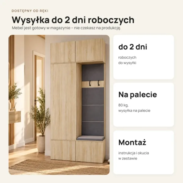 Garderoba do przedpokoju 100 cm: szafa + wieszak z siedziskiem, 238 cm – Dąb Sonoma