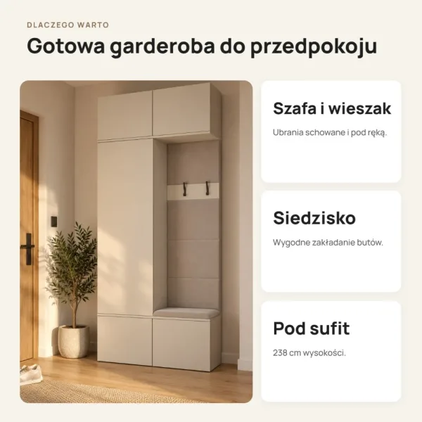 Garderoba do przedpokoju 100 cm: szafa + wieszak z siedziskiem, 238 cm – Kaszmir