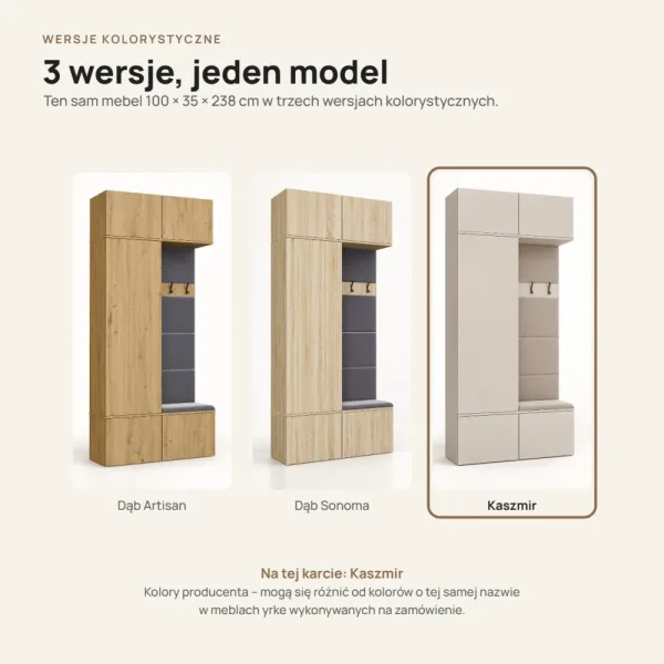 Garderoba do przedpokoju 100 cm: szafa + wieszak z siedziskiem, 238 cm – Kaszmir