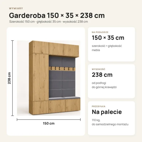 Garderoba do przedpokoju 150 cm: szafa + 2 wieszaki z siedziskami, 238 cm – Dąb Artisan