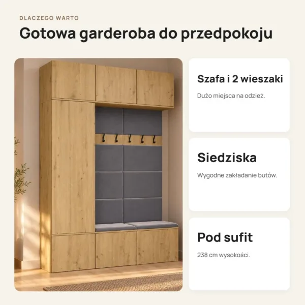 Garderoba do przedpokoju 150 cm: szafa + 2 wieszaki z siedziskami, 238 cm – Dąb Artisan