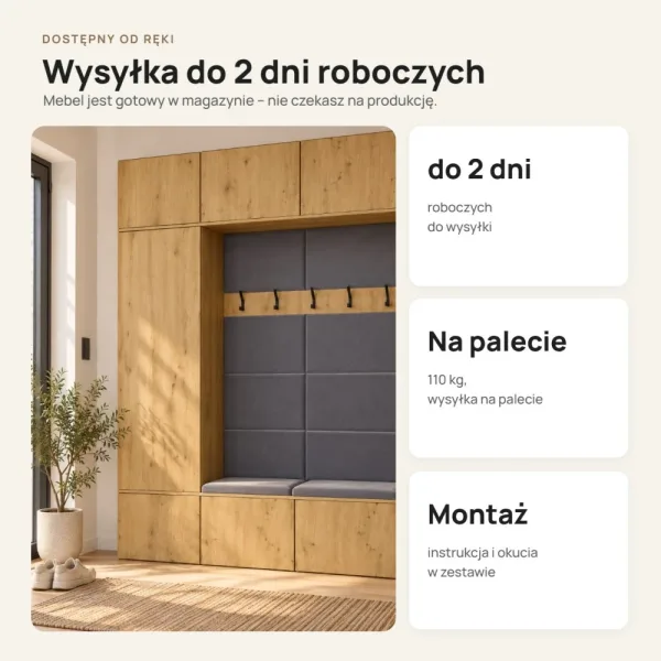 Garderoba do przedpokoju 150 cm: szafa + 2 wieszaki z siedziskami, 238 cm – Dąb Artisan