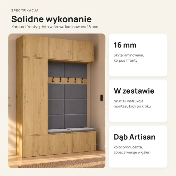 Garderoba do przedpokoju 150 cm: szafa + 2 wieszaki z siedziskami, 238 cm – Dąb Artisan