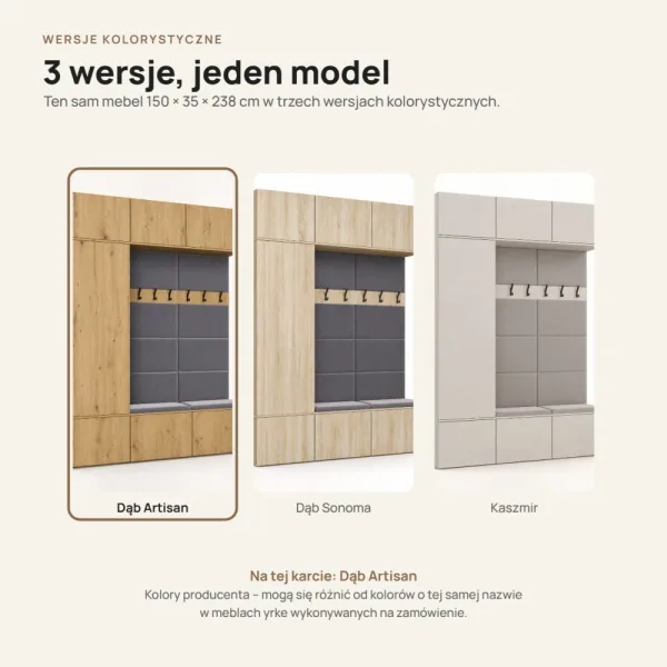 Garderoba do przedpokoju 150 cm: szafa + 2 wieszaki z siedziskami, 238 cm – Dąb Artisan