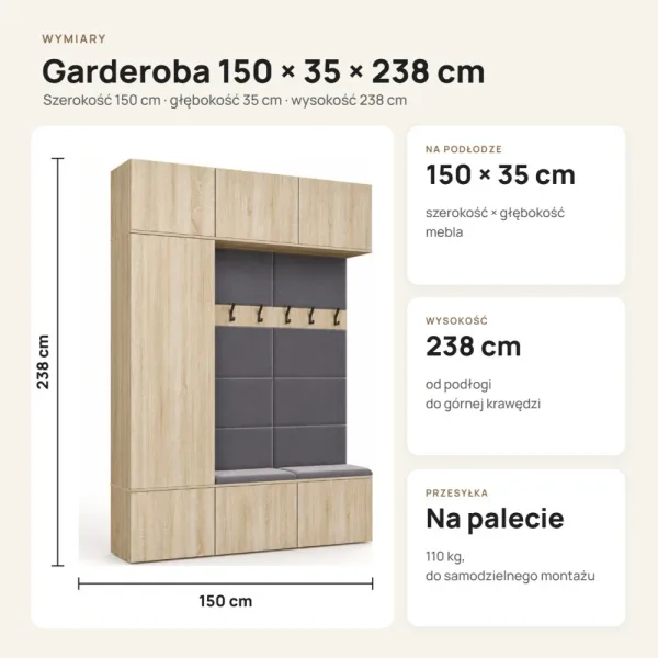 Garderoba do przedpokoju 150 cm: szafa + 2 wieszaki z siedziskami, 238 cm – Dąb Sonoma